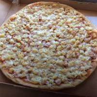 Large Hawaiian pizza (  cheese, ham,pineapple) · 2 liter soda free