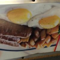 2 Eggs with Sausage · With choice of side and toast.