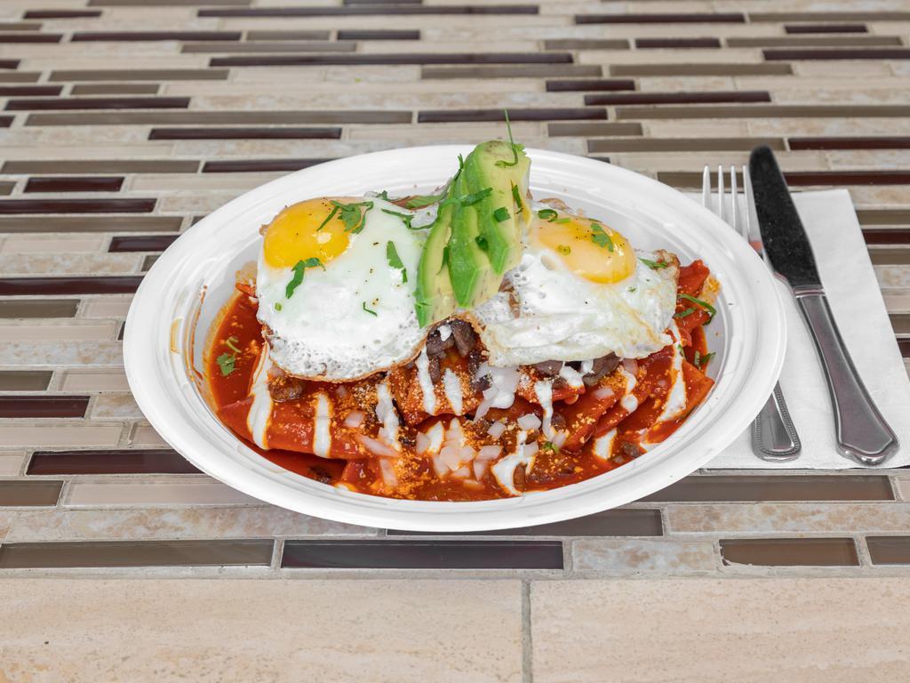 Chilaquiles with meat · Tortilla chips soaked in choice of red or green sauce. Topped with sour cream, cotija cheese, sliced avocado, and diced onions, Your choice of meat. 