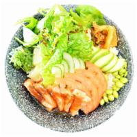 salmon bowl* · Seaweed salad, rice ,lettuce, avocado, spinach,tomato, cucumber, shredded cheese, tofu, kimc...