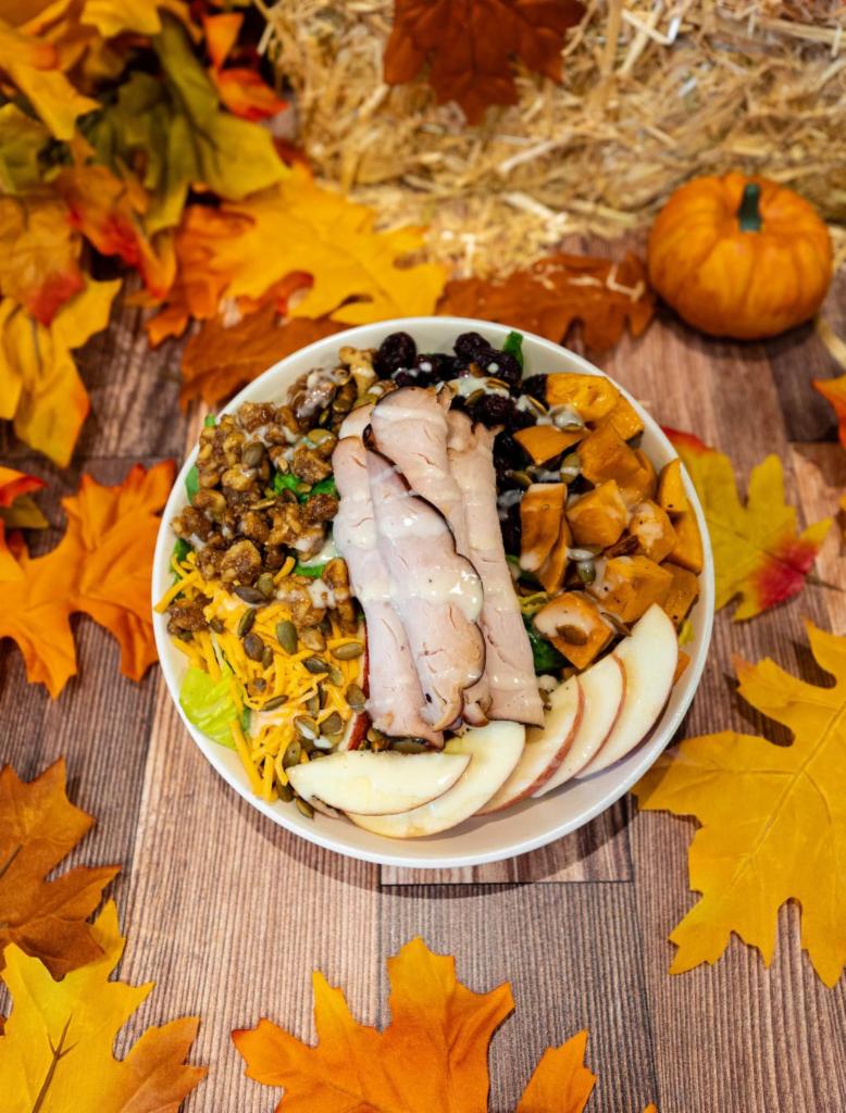My Fall Harvest Bowl · Served with Romaine, Baby Spinach, Sweet Potato, Apples, Dried Cranberries, Roasted Pumpkin Seeds, Shredded Cheddar, Walnuts, and Turkey Slices.