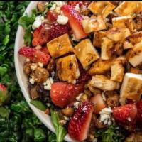 My Strawberry Fields Salad · Served with Feta Cheese, Grilled Chicken, Red Onion, Strawberries, and Walnuts. Served over ...