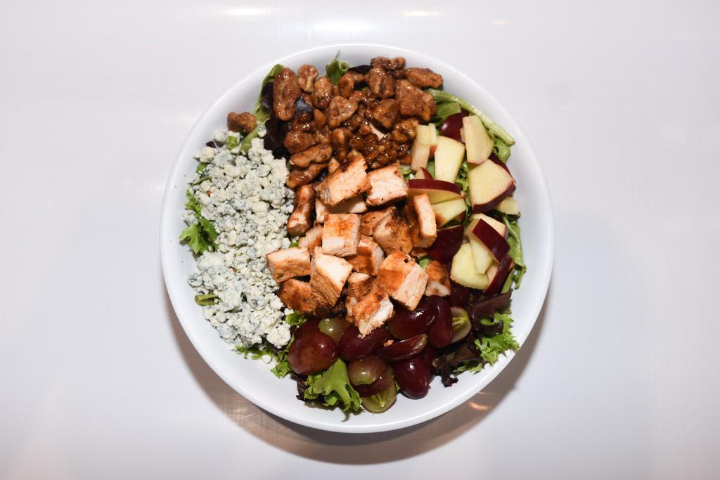 My Waldrof Salad · Served with Arcadian Mix, Apples, Grapes, Gorgonzola, Walnuts, and Grilled Chicken. Recommended with Apple Cider Vinaigrette.