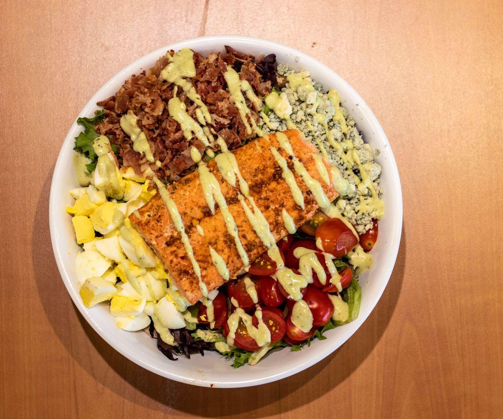 My Salmon Cobb Salad · Keto! 495 Cals. Arcadian Mix, salmon, grape tomatoes, egg, gorgonzola,, bacon, and avocado. Served with Green Goddess dressing.