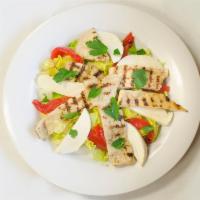 Julie's Special Salad · Fresh mozzarella and roasted peppers over lettuce topped with grilled chicken and balsamic v...