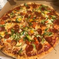 Julie's Pie · Pepperoni, green peppers, cherry tomatoes, and mozzarella cheese.