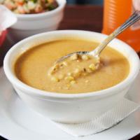Homemade Corn Chowder · Fire roasted yellow sweet corn and chipotle peppers