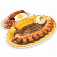 27. Mini Bandeja Paisa/Mini Country Platter · Rice, Beans, sunny side up egg, pork skin, steak, sweet plantain.  All portion are smaller t...