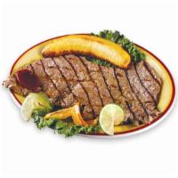 38. Carne Asada · Grilled steak. It comes with rice, sweet plantain, salad and beans or french fries.