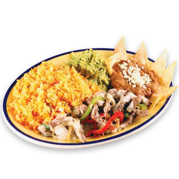 59. Alambre Specialty · Grilled beef with sauteed onions and peppers topped with melted cheese.  It comes with beans, guacamole, yellow rice and chips.
