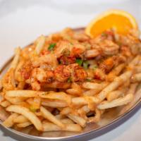 Om Goodness Fries with French Fries · Shrimp, crawfish and green onions sauteed in our signature sweet and tangy sauce pour over y...