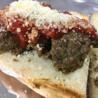 Meatball Parmesan Hero · Meatballs with marinara and melted mozzarella. Topped with fresh Parmesan. A favorite.