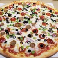 Supreme Pizza · Tomato sauce, mozzarella, sausage, pepperoni, red onions, green peppers and black olives. Ou...