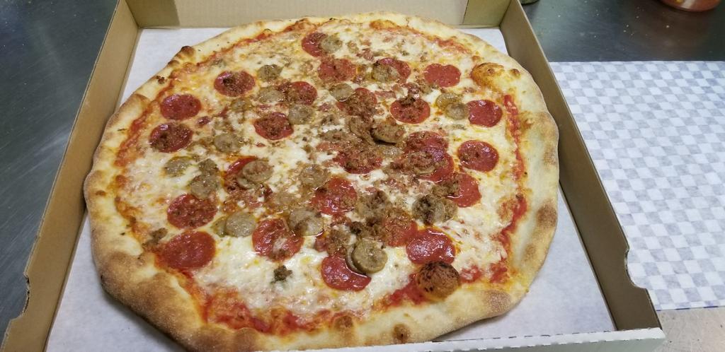 Meat Lovers Pizza · Tomato sauce, mozzarella, meatballs, Liguria sausage, Cup & Char pepperoni and bacon. Our pizza dough and tomato sauce are fat free and sugar free. Healthy and delicious