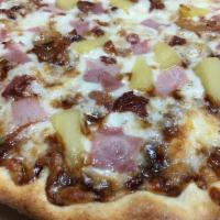 Aloha Pizza · BBQ sauce base, mozzarella, ham, pineapple and bacon.