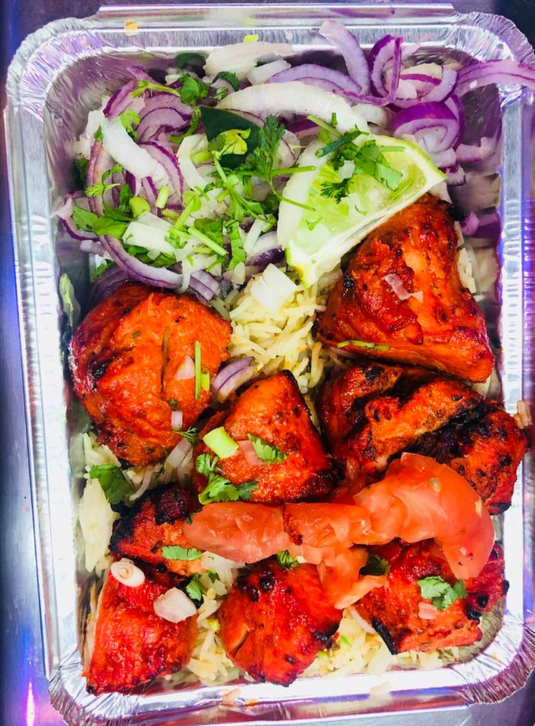 Chicken Traditional Tikka Platter · Served with rice and salad. Tandoori chicken cubes