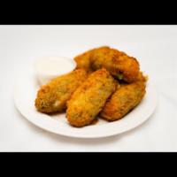 6 Jalapeno Poppers · Stuffed with cream cheese, cheddar, scallions and served with bleu cheese dressing.