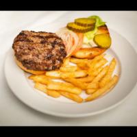8 oz. Grilled Hamburger · Served with  lettuce, tomato, and pickle. Add cheese for an additional charge.