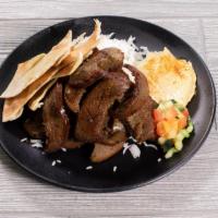 Gyro Plate · Sliced mixture of beef and lamb served with rice, hummus and tzatziki sauce.