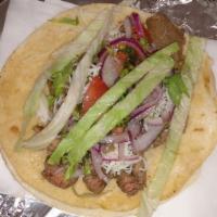 (3) Chicken or Beef Tacos · Cilantro Lime Sauce and Lettuce/Tomatoes
