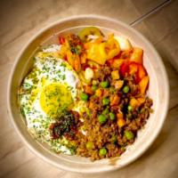 Vegetarian Picadillo Rice Bowl · Beyond Meat, Peas & Carrots