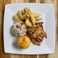 Pulled Chicken Plate · Smoked pulled chicken paired with two sides of your choosing and cornbread.