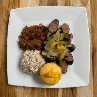 Smoked Italian Sausage Plate · Smoked Italian sausage served with your choice of two sides and a piece of cornbread.