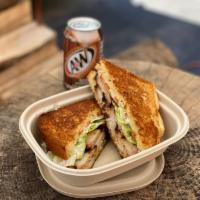 PB.L.T.SG Sandwich · Brown sugar and sriracha basted pork belly, lettuce, tomato, smoked Gouda and mayo on thick ...