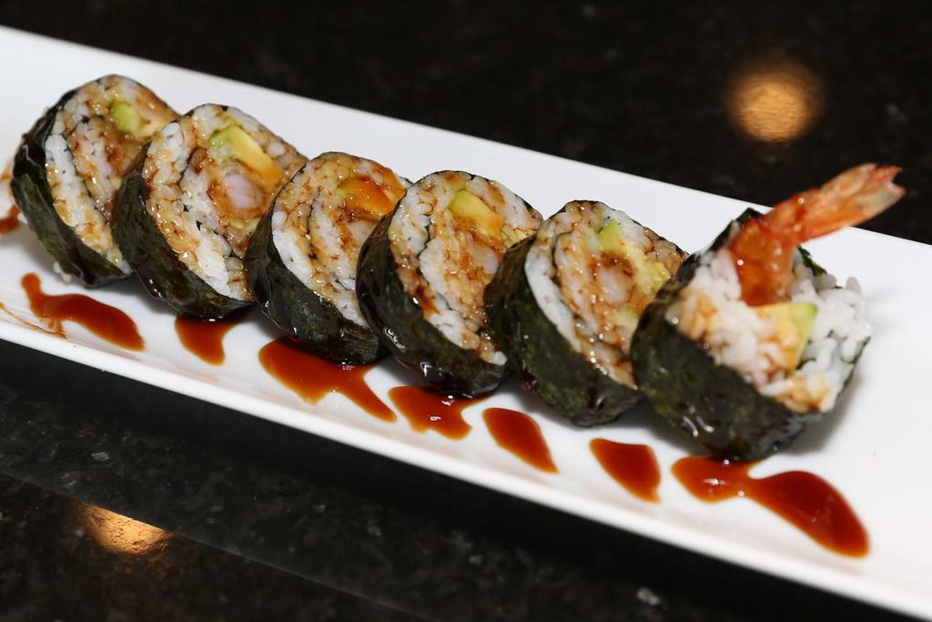 Shrimp Tempura Roll · Rice, nori, cucumber, avocado,shrimp tempura and eel sauce.