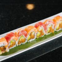 Denton Roll · Spicy tuna, avocado, cucumber, topped with tuna and salmon.