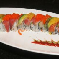 Rainbow Roll · Crab mix, cucumber, avocado, topped with tuna, salmon, masago and yellowtail.