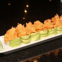 Fiesta Roll · Shrimp tempura, cream cheese, crabstick, topped with avocado, spicy crab, spicy mayo and eel...