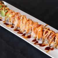 Las Colinas Roll · Spicy tuna, spicy crab, cucumber, tempura flakes topped with salmon, tuna, crabstick, avocad...