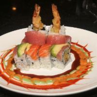 Twin-Peak Roll · Shrimp tempura, cucumber topped with tuna, salmon, topped with ell, chili, spicy mayo and ho...