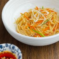 Spicy Potato and Carrot Salad · Finely shredded potato and carrot with pepper tossed in spicy and sour dressing. Vegan.