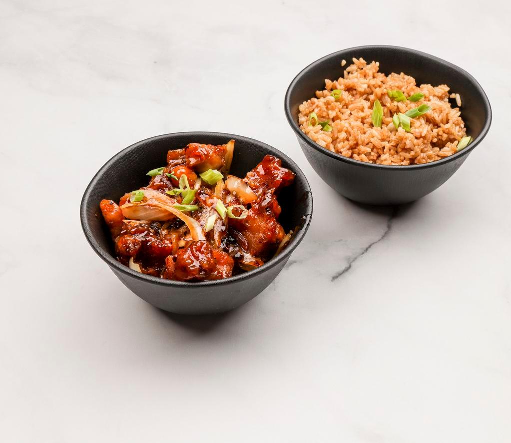 General Tsao Chicken (spicy) · Breaded Deep Fried Chicken, Grilled Onions, and Whole Pieces of Red Chili Peppers Cooked in a Spicy Sauce.  Served with Fried Rice or Steamed Rice.  (Lo Mein $3.00)