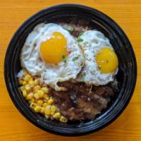 Loco Moco · Hawaii Big Island style, 2 grilled beef patties topped with fried eggs,  covered in  homemad...