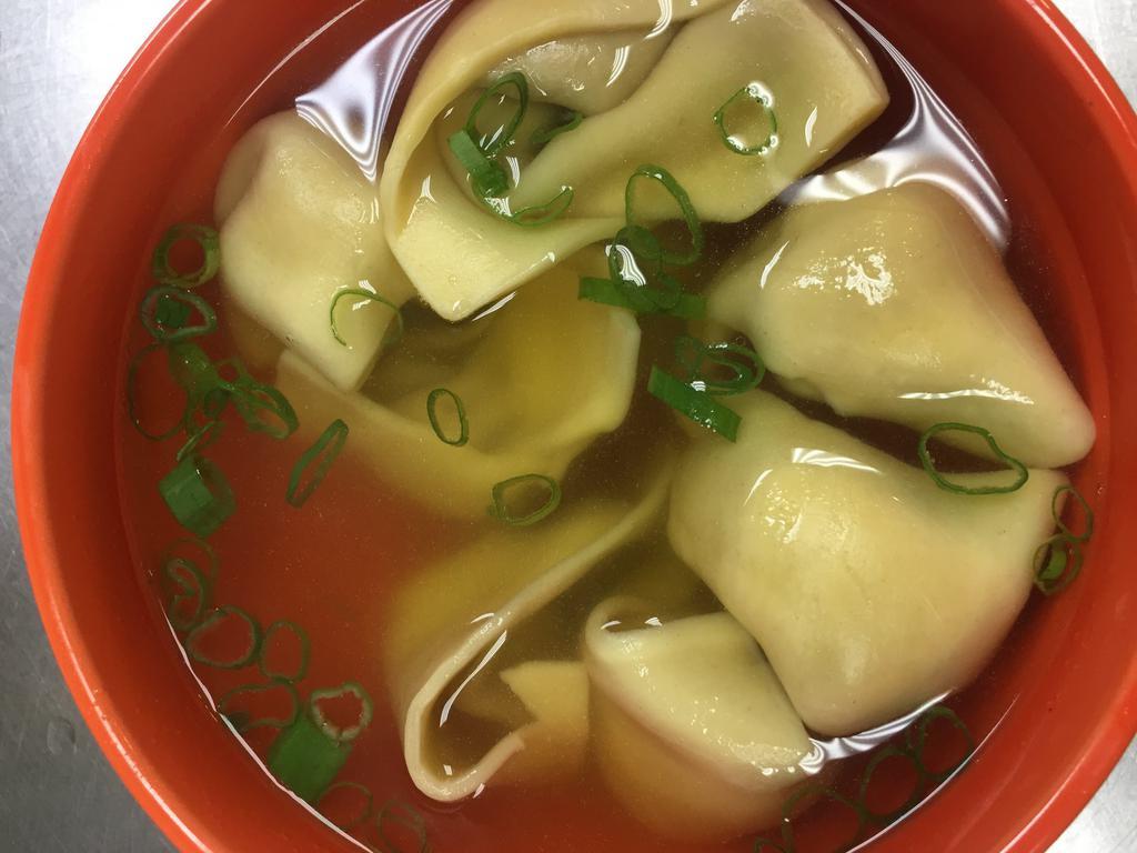 13. Wonton Soup · Seasoned broth with filled wonton dumplings.