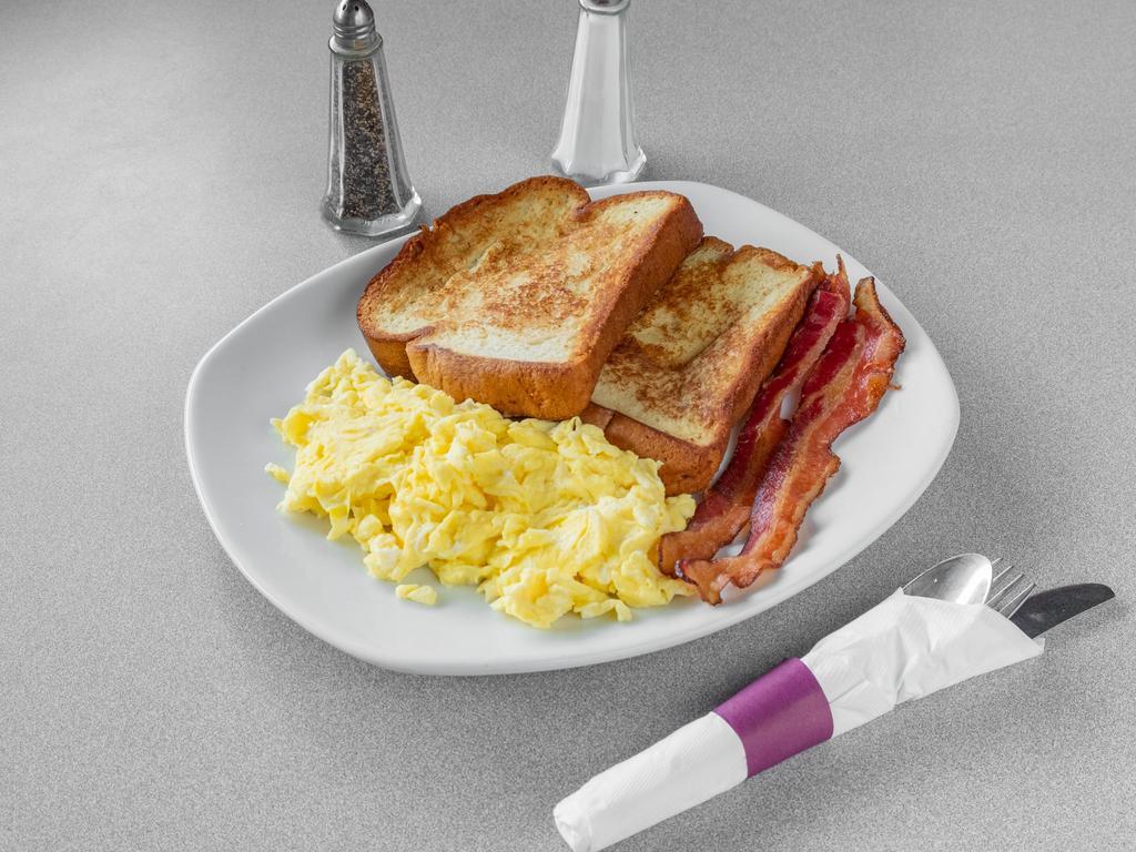 Brioche French Toast Platter · Two slices of brioche French toast served with two eggs and choice of two bacon strips or sausage links