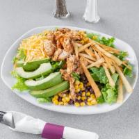 Avocado Chicken Salad · Blackened chicken, black bean corn relish, American cheese, avocado, tortilla straws on gard...