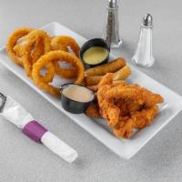 The Ultimate Sampler · Chicken strips, mozzarella sticks, and onion rings