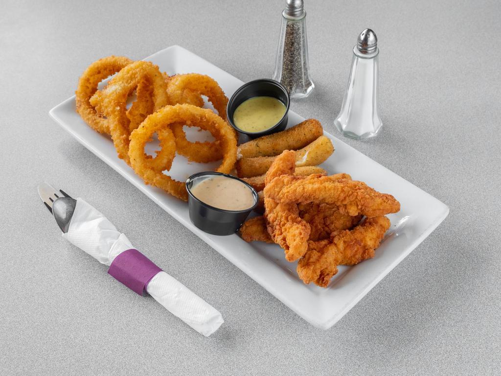 The Ultimate Sampler · Chicken strips, mozzarella sticks, and onion rings