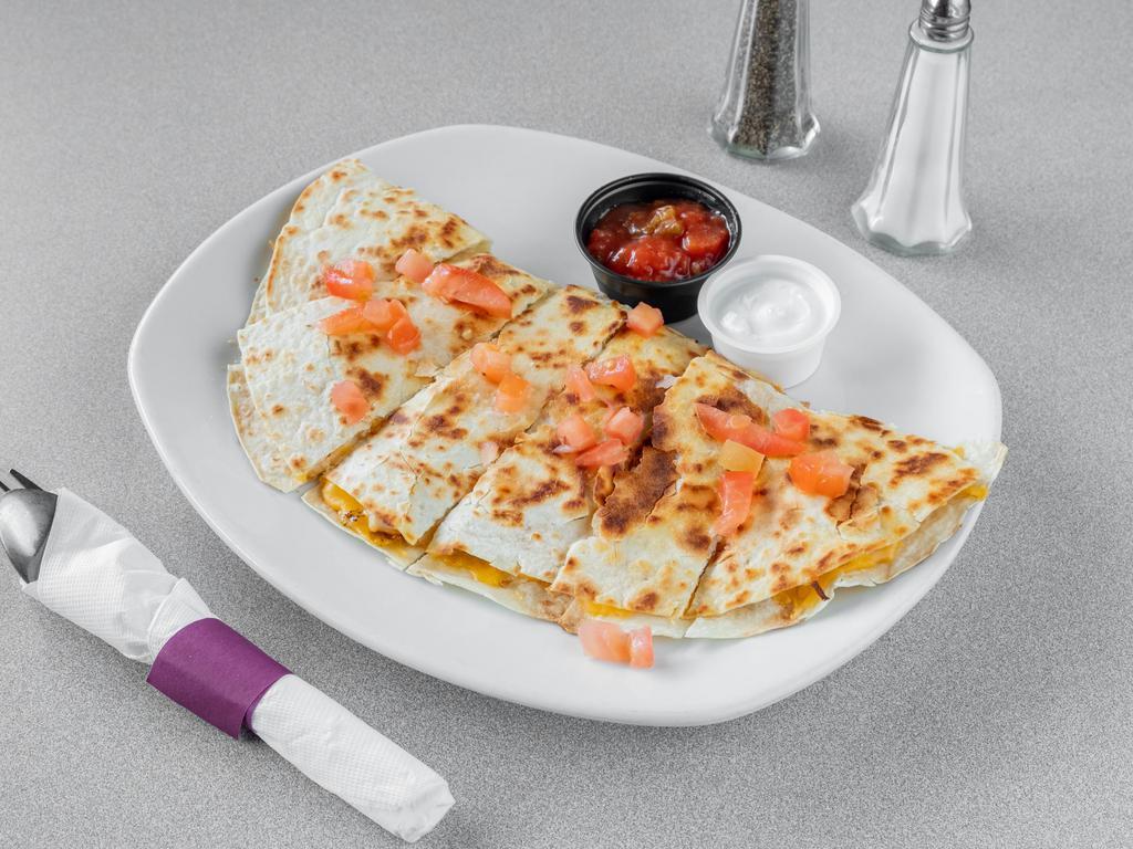 Chicken and Cheese Quesadilla · Grilled Cajun chicken breast, American cheese, and Pepper Jack cheese in a grilled flour tortilla. Served with sour cream and salsa