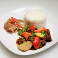 Caldereta Plate · Savory Beef stew with rice.