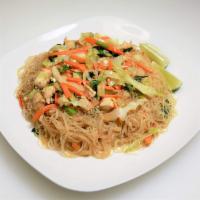Pancit Bihon Plate · Fresh cooked rice noodles with chicken and vegetables.