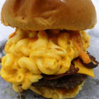 Mac and Cheese Bacon Burger · Xenos burger, soft macaroni and cheese, double bacon, American, crunchy mac and cheese nugge...