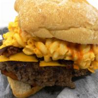 Double Mac and Cheese Burger · 2 burgers smashed together with more toppings on ciabatta bread. Double Xenos burger, soft m...