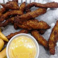 Breaded Chicken Fingers.  · Freshly made breaded chicken fingers. #2 top rated on menu.  Served with honey mustard sauce.