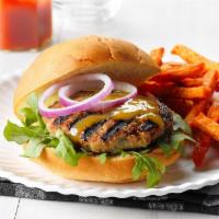 Turkey Burger Deluxe Combo · Turkey Burger cooked to your liking with lettuce, tomato, onions & pickles served with Frenc...