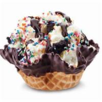 Birthday Cake Remix Ice Cream · Cake Batter ice cream with rainbow sprinkles, brownie, and fudge.